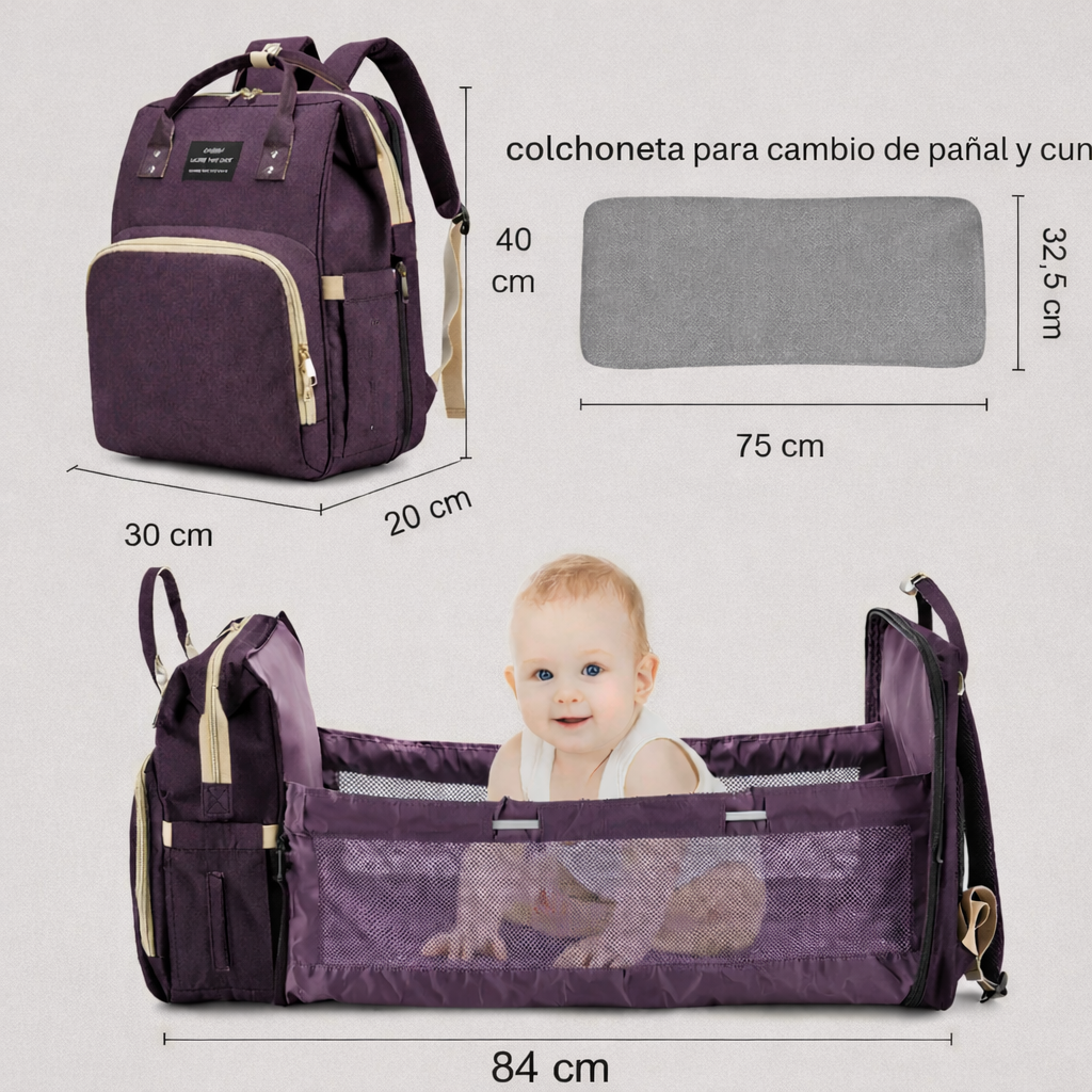 Mochila de Maternidad 3 en 1 con Cuna Portátil — Organiza Todo y Cambia a tu Bebé con Comodidad en Cualquier Lugar
